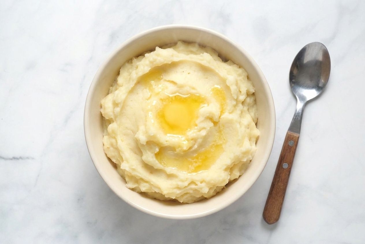 A warm bowl of mashed potatoes with a small pool of melted butter on top and a spoon resting beside the bowl