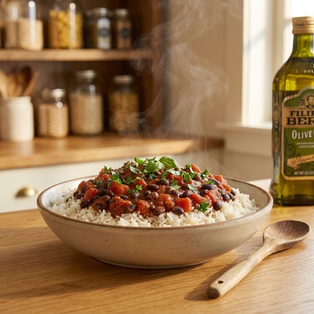A warm rice bowl topped with saucy beans and tomatoes, garnished with chopped herbs, on a wooden table