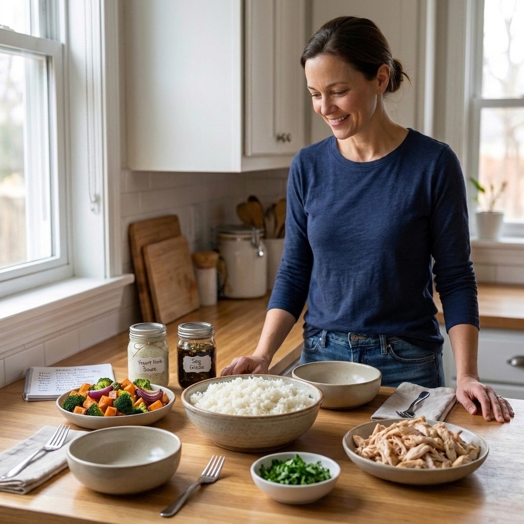 A weeknight table set with build-your-own grain bowls including rice, roasted vegetables, shredded chicken, and small bowls of sauce