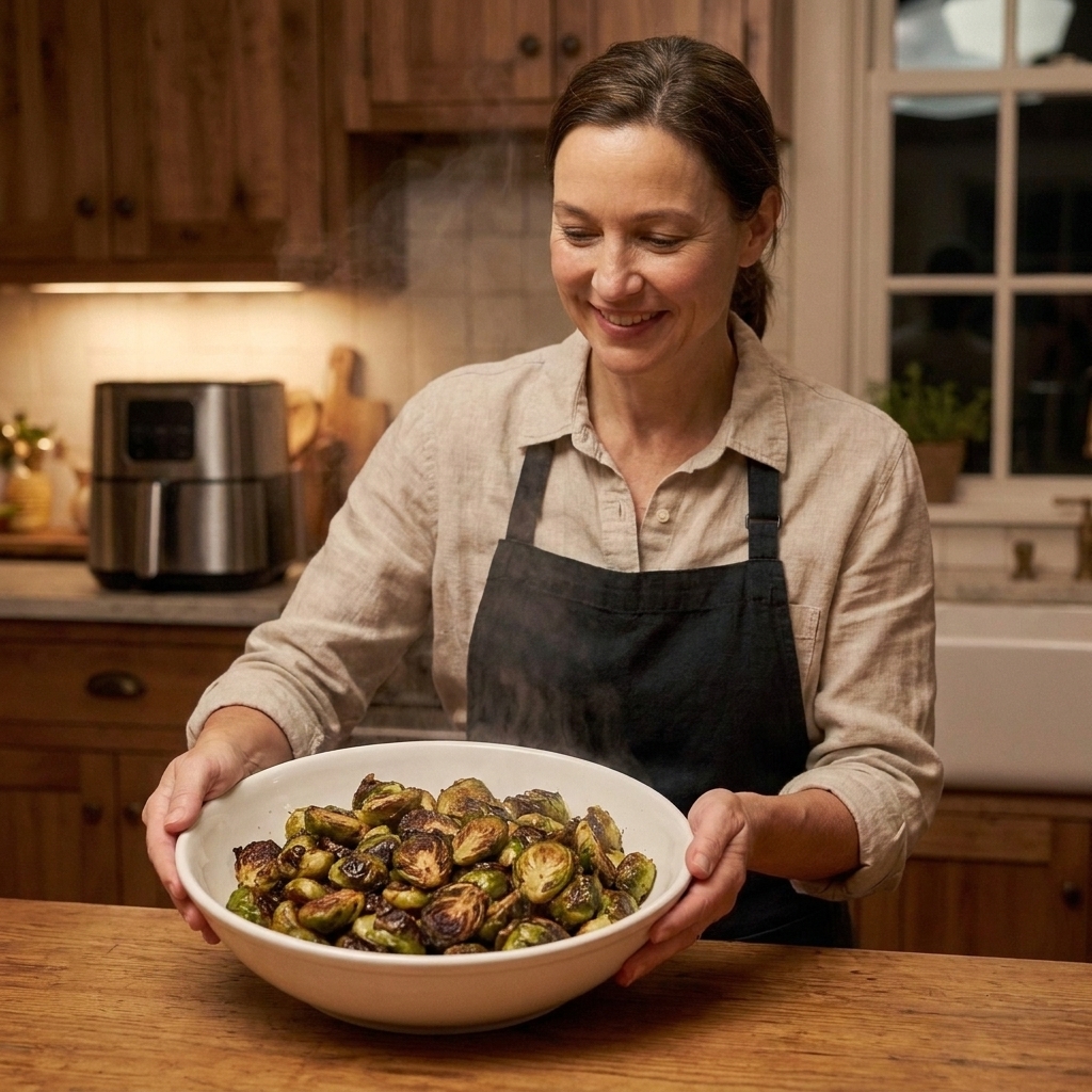 A white serving bowl filled with crispy air fryer Brussels sprouts with browned edges on a wooden table
