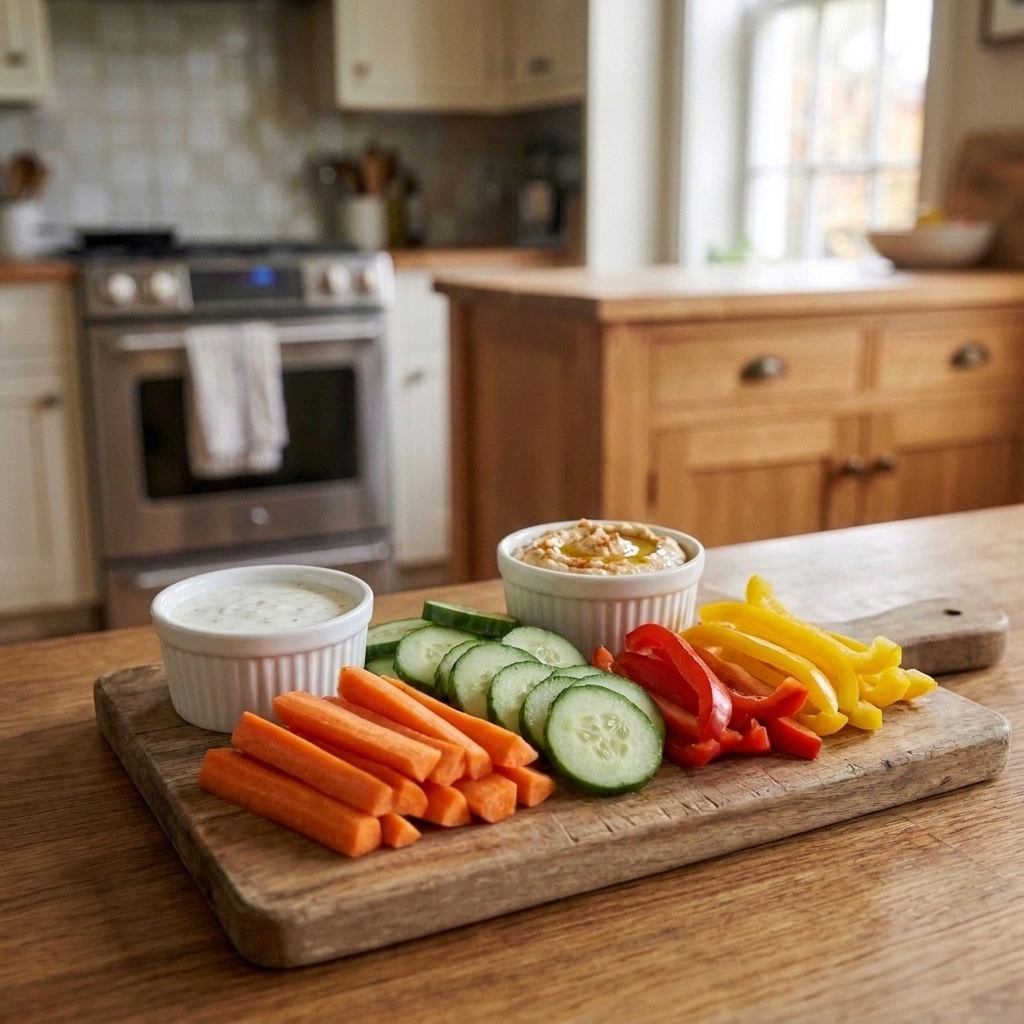 A wooden board with carrots, cucumber slices, bell pepper strips, and two small bowls of ranch and hummus