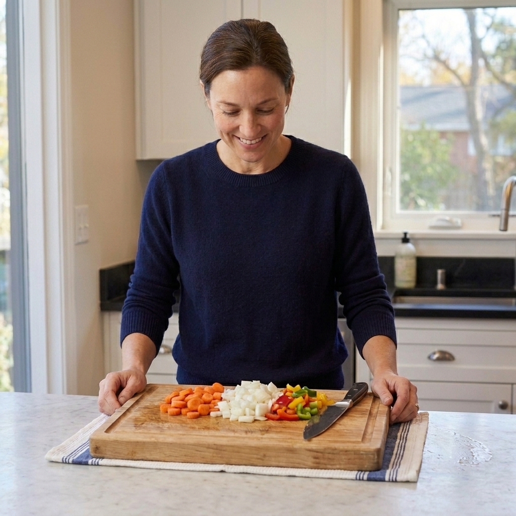 A wooden cutting board resting on a damp kitchen towel with chopped vegetables and a chef’s knife nearby