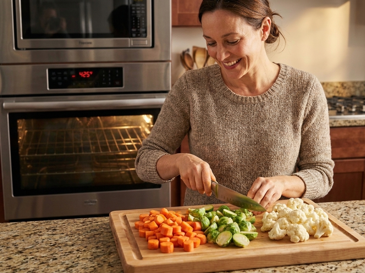 A wooden cutting board with evenly cut carrots, Brussels sprouts, and cauliflower pieces beside a chef's knife