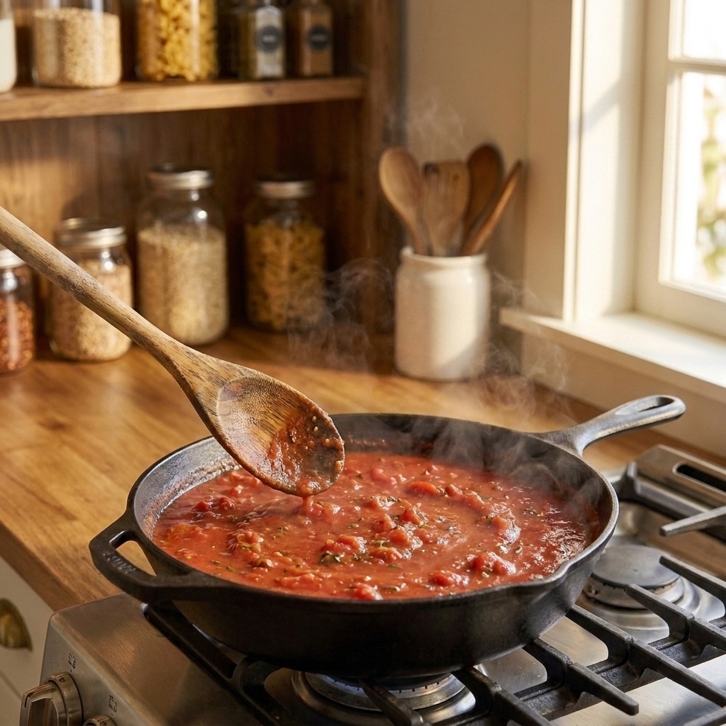 A wooden spoon stirring a skillet of tomato sauce on a stovetop