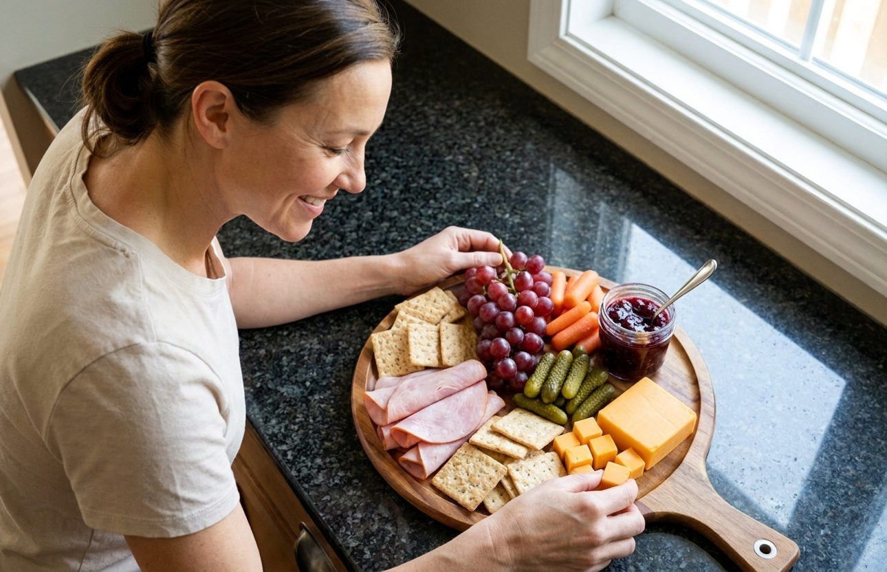 Affordable charcuterie board ingredients on a kitchen counter including deli ham, cheddar block, crackers, grapes, baby carrots, pickles, and a small jar of jam
