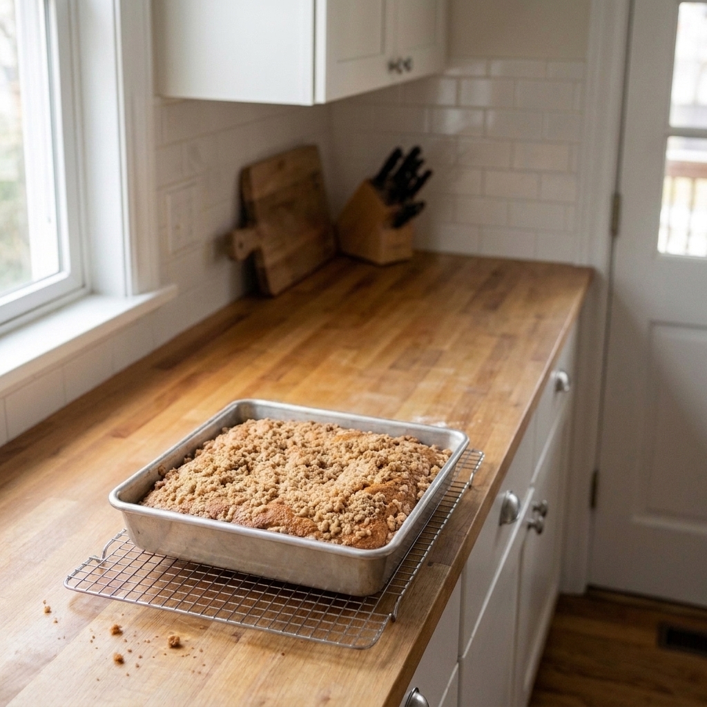 An 8 x 8-inch square pan filled with crumb-topped coffee cake on a kitchen counter