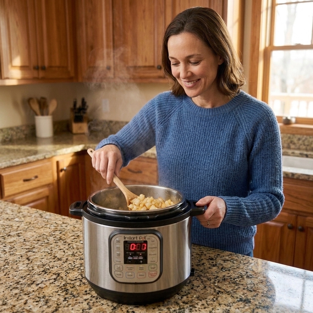 An Instant Pot on sauté mode with diced onions being stirred with a wooden spoon, steam rising in a home kitchen