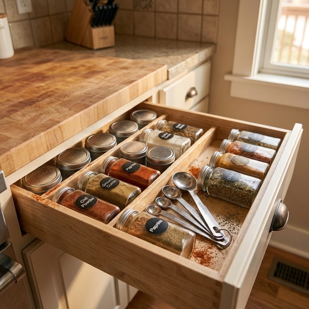 An open spice drawer with measuring spoons and common spices like chili powder, cumin, paprika, and oregano