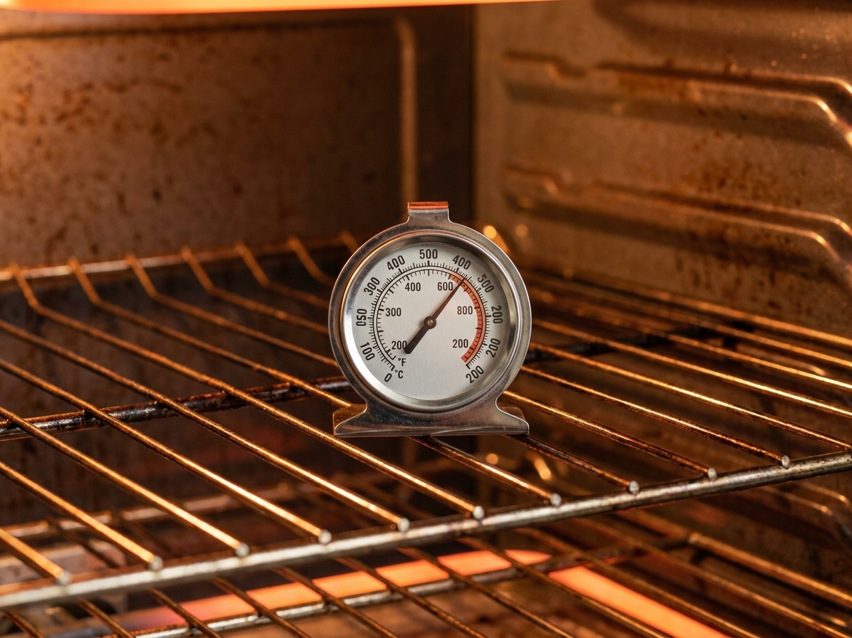 An oven thermometer sitting on the center rack inside a home oven during preheating