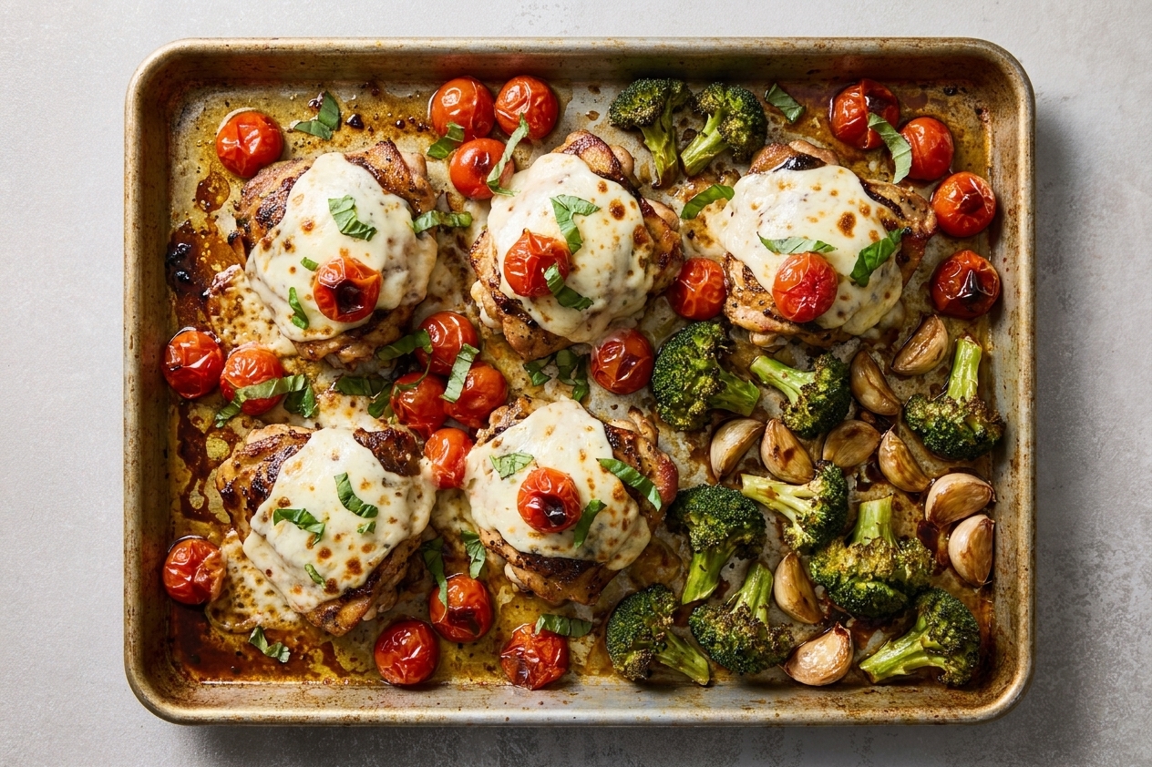 Balsamic-roasted chicken topped with melted mozzarella and blistered cherry tomatoes on a sheet pan