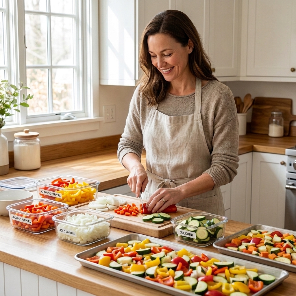 Bell peppers, onions, and zucchini being chopped on a wooden cutting board with sheet pans and storage containers nearby