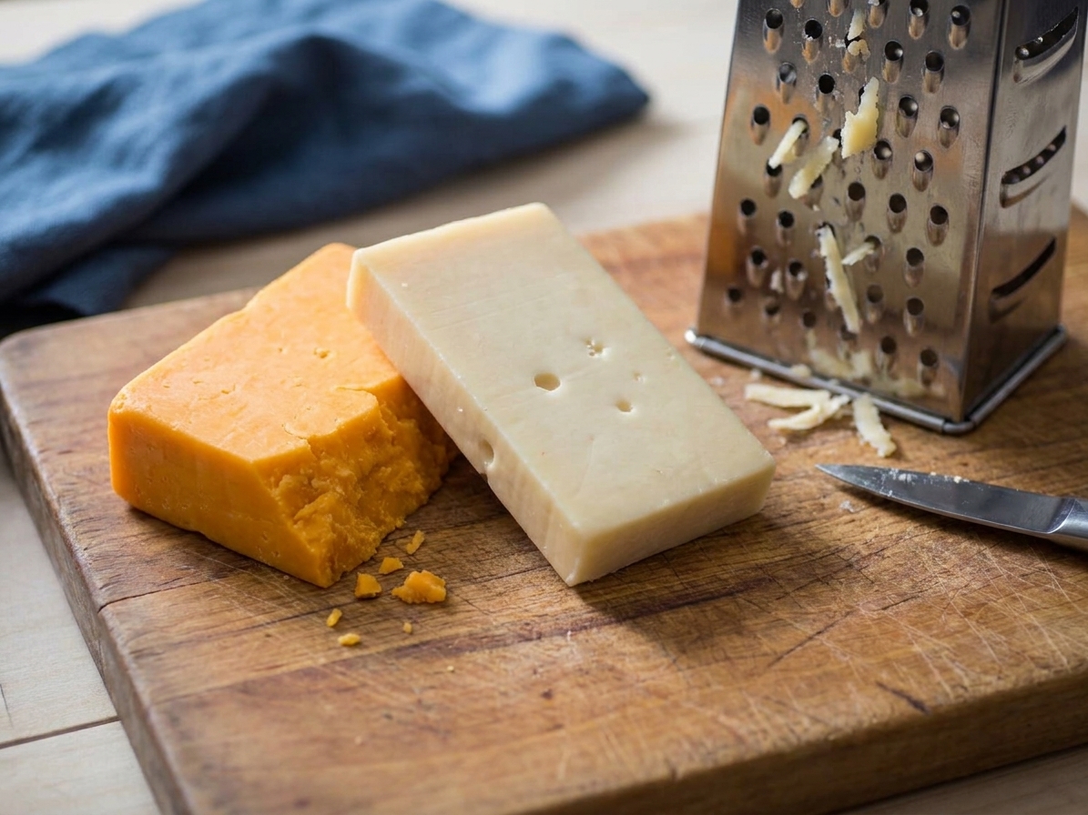 Blocks of sharp cheddar and Gruyere cheese on a wooden cutting board with a box grater nearby