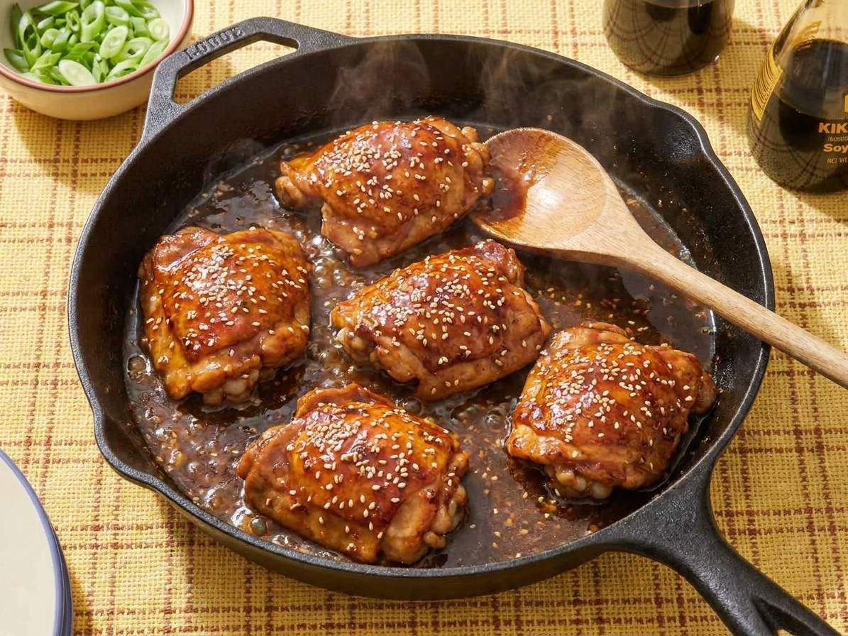 Boneless chicken thighs simmering in a sticky soy ginger sauce in a skillet with sesame seeds sprinkled on top