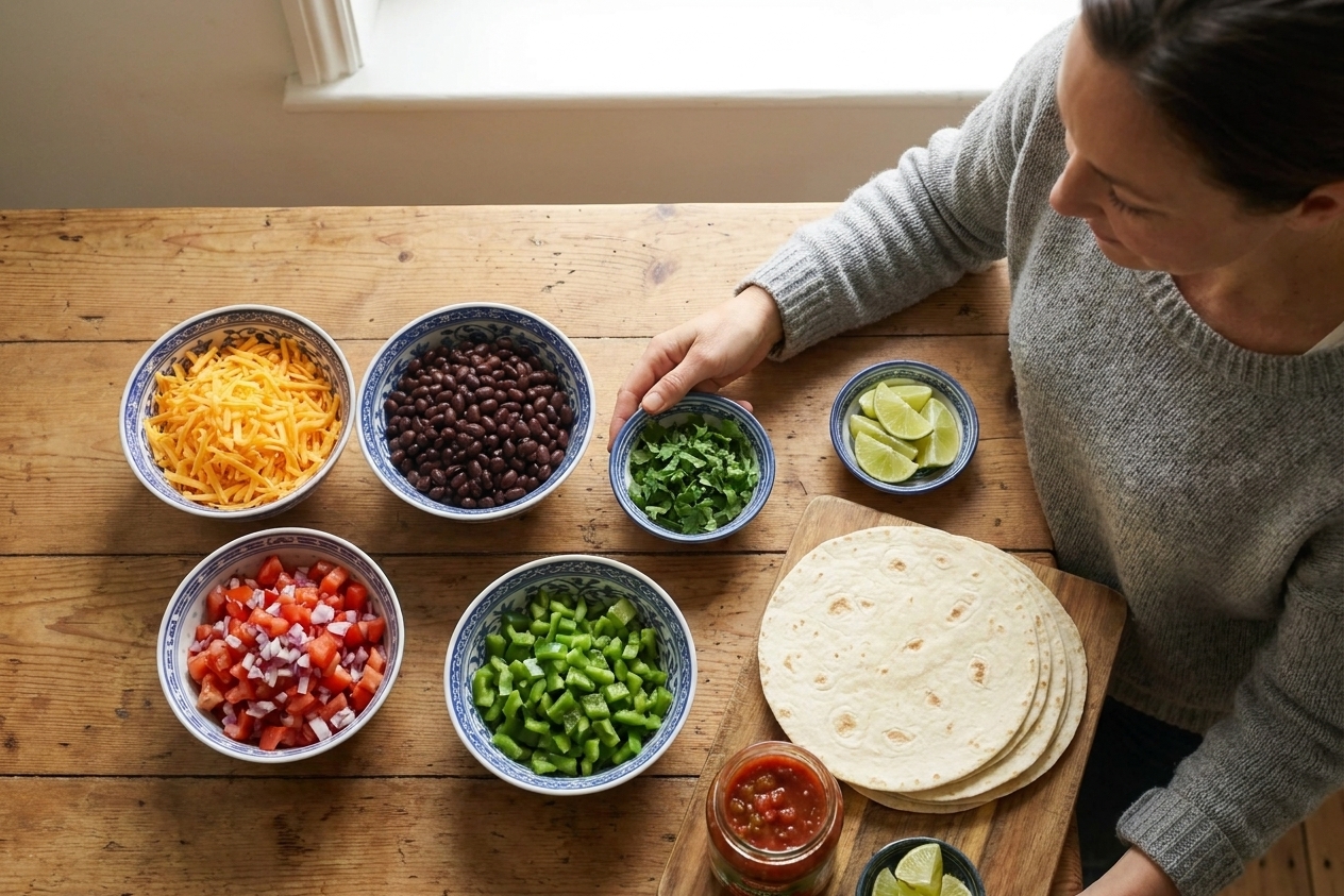 Bowls of shredded cheese, beans, and chopped vegetables set out on a kitchen counter for quick tortilla-based dinners