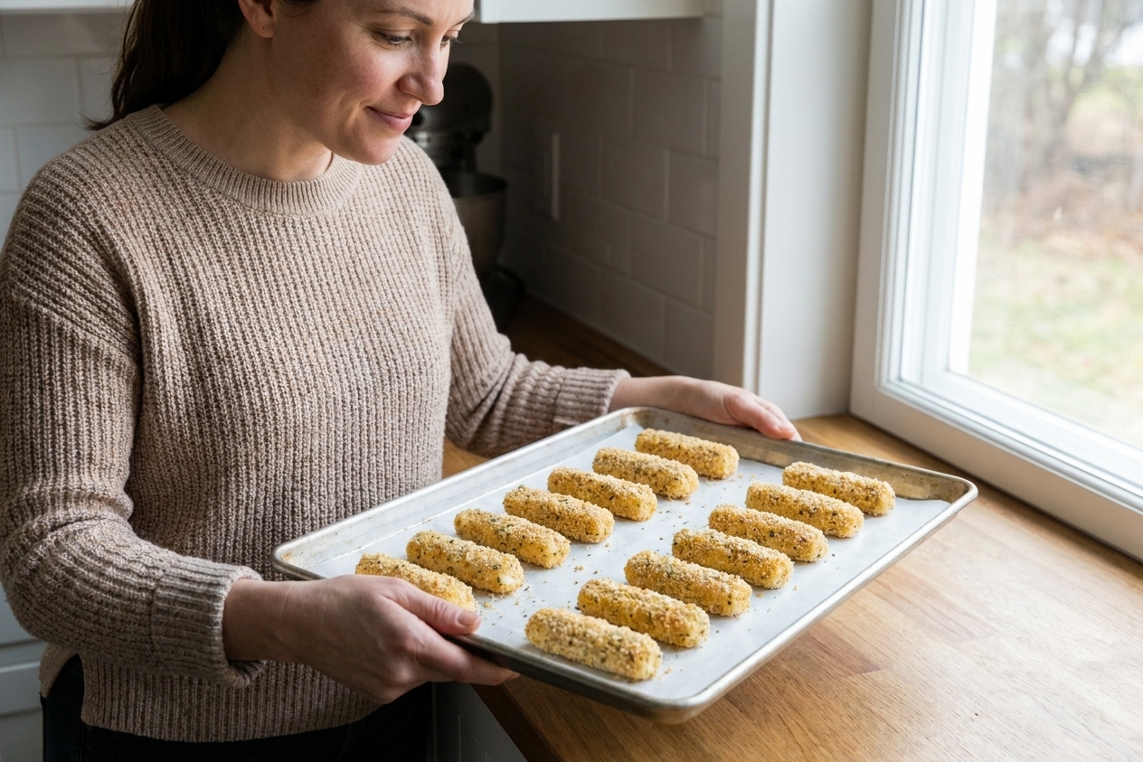 Breaded mozzarella sticks arranged in rows on a baking sheet before freezing