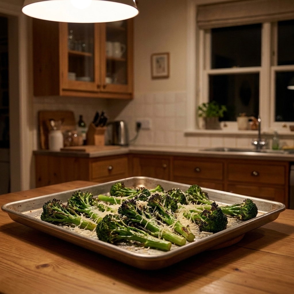Broccolini on a sheet pan, lightly charred at the tips with grated parmesan scattered over