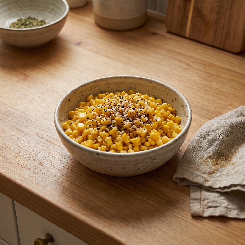 Buttered corn kernels in a small serving bowl with everything bagel seasoning sprinkled on top