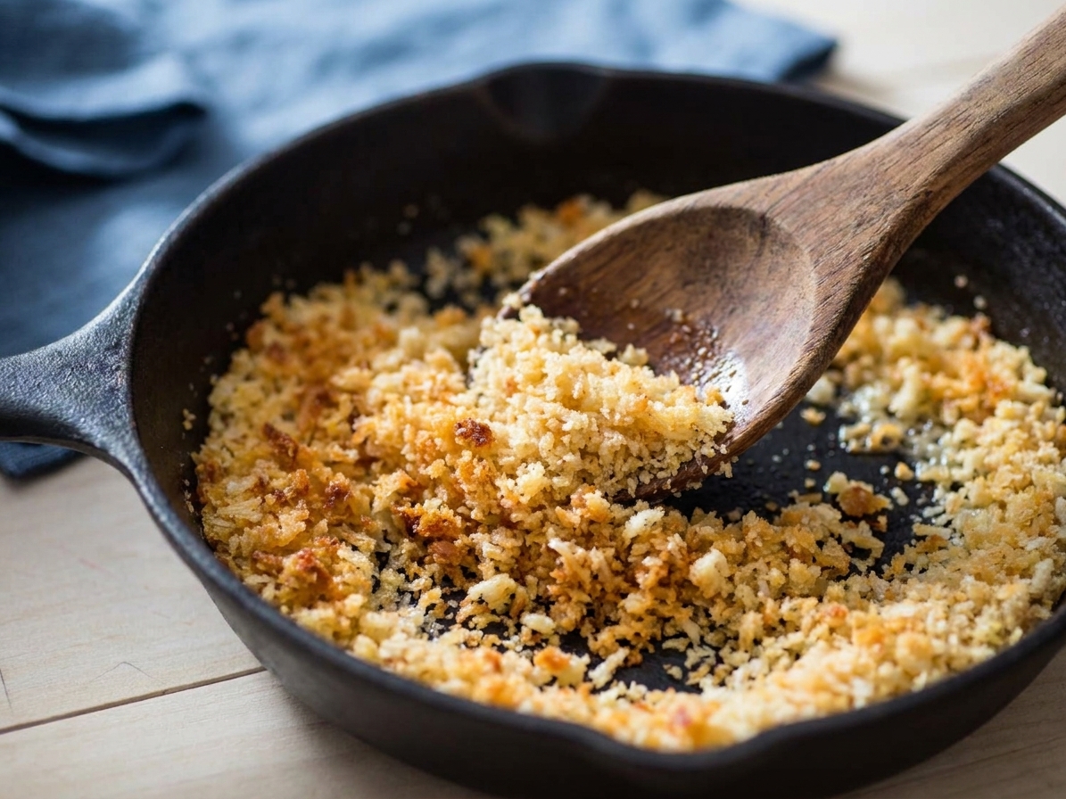 Buttery panko breadcrumbs toasting in a skillet until golden brown, with a wooden spoon stirring