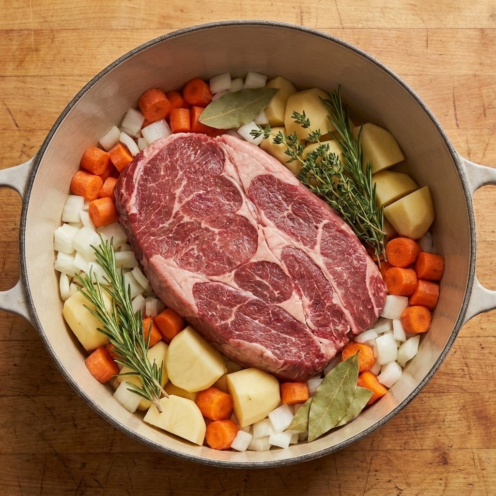 Carrots, potatoes, and onions surrounding a beef roast in a Dutch oven before cooking