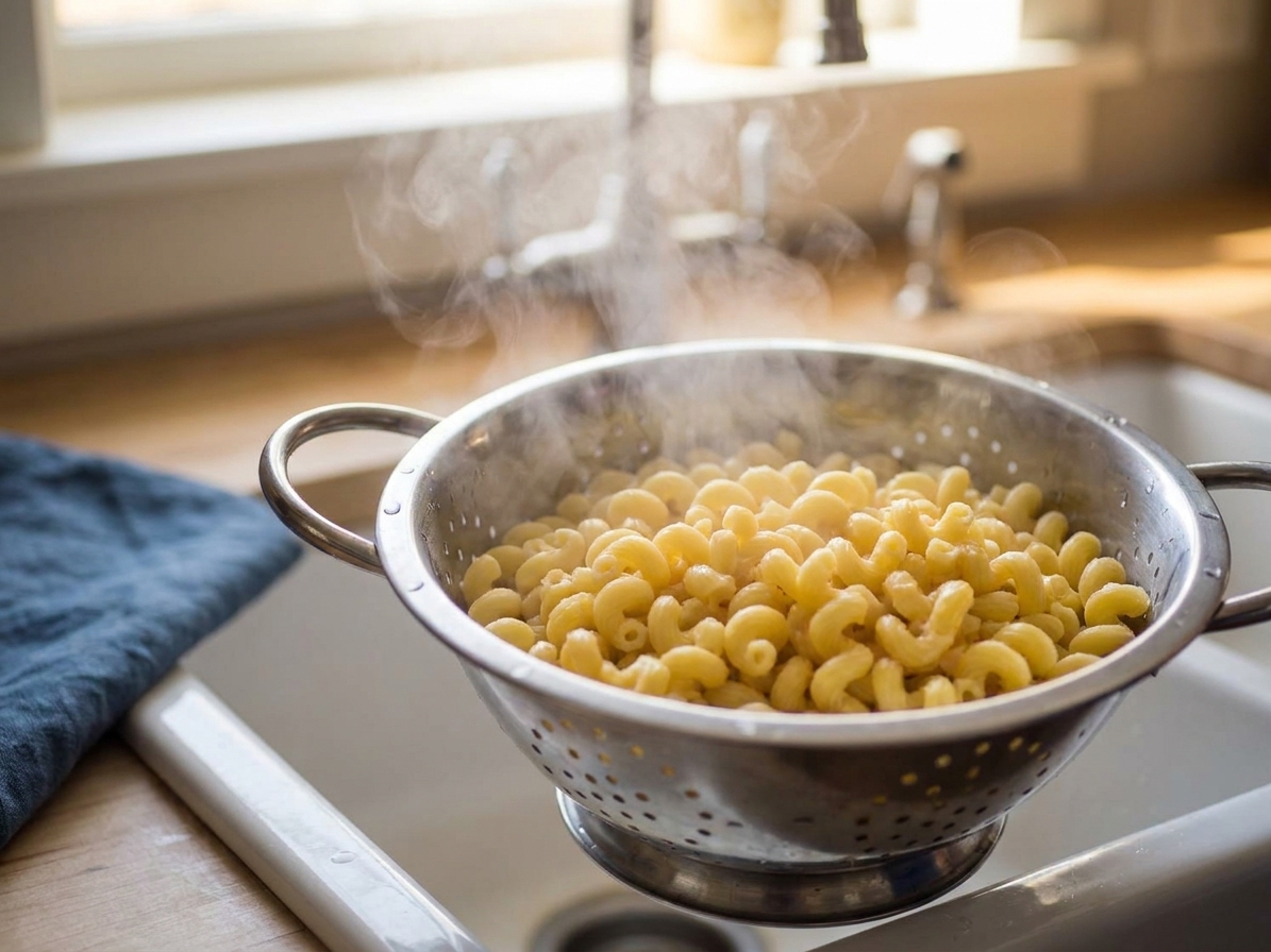 Cavatappi pasta draining in a colander over a kitchen sink, steam rising
