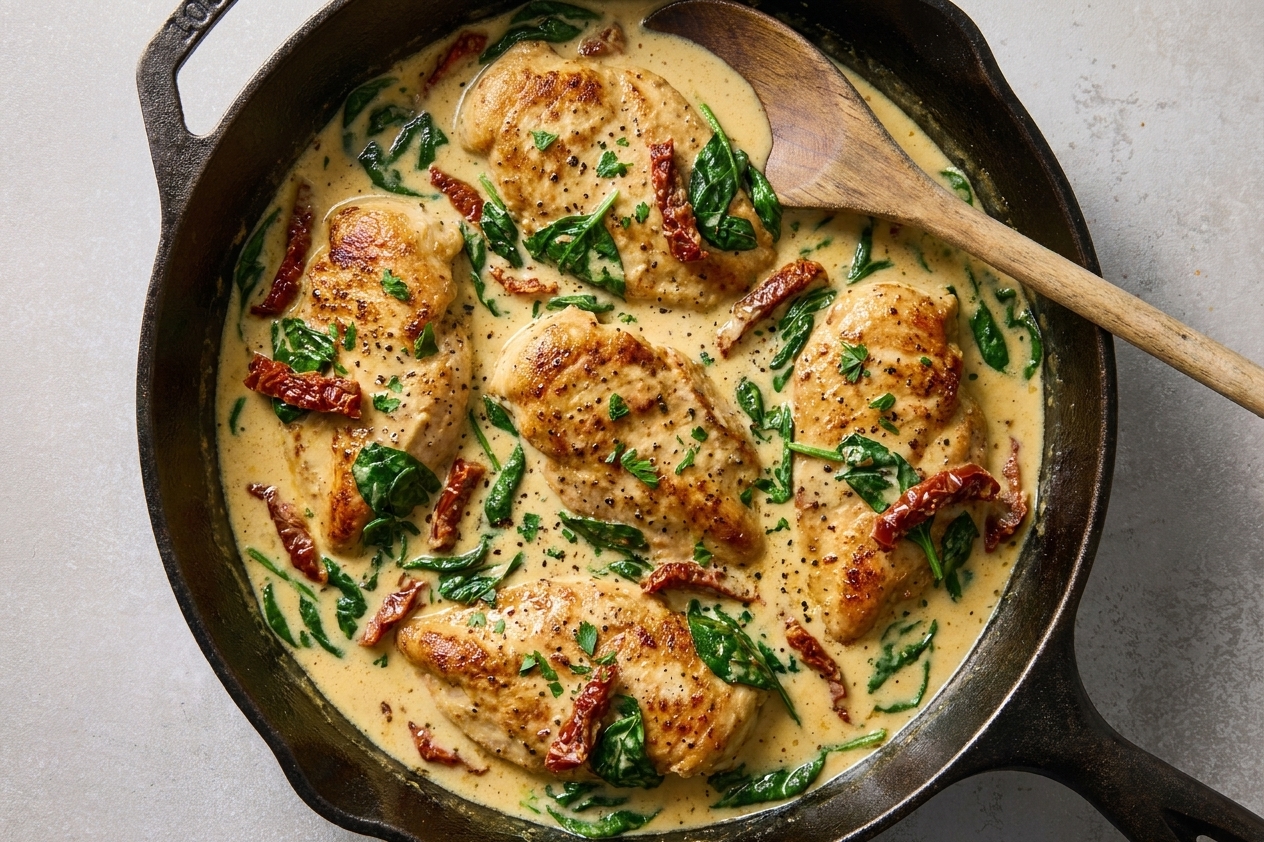 Chicken cutlets simmering in a creamy sauce with spinach and sun-dried tomatoes in a black skillet