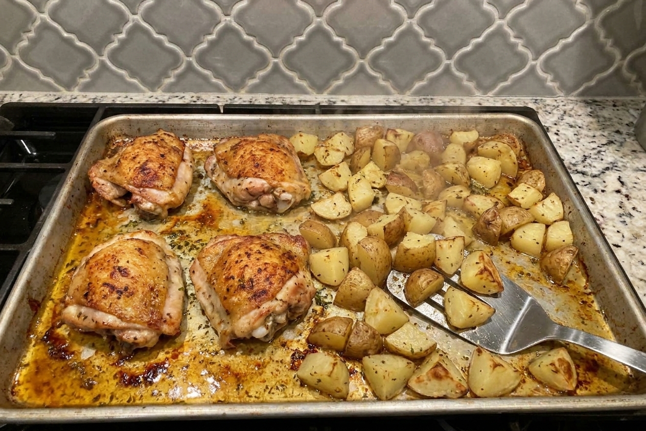 Chicken thighs and chopped potatoes roasting on a sheet pan, golden and sizzling