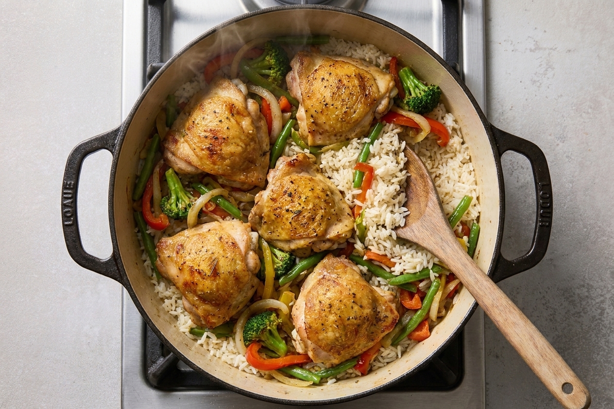 Chicken thighs resting on fluffy rice with mixed vegetables in a wide pot