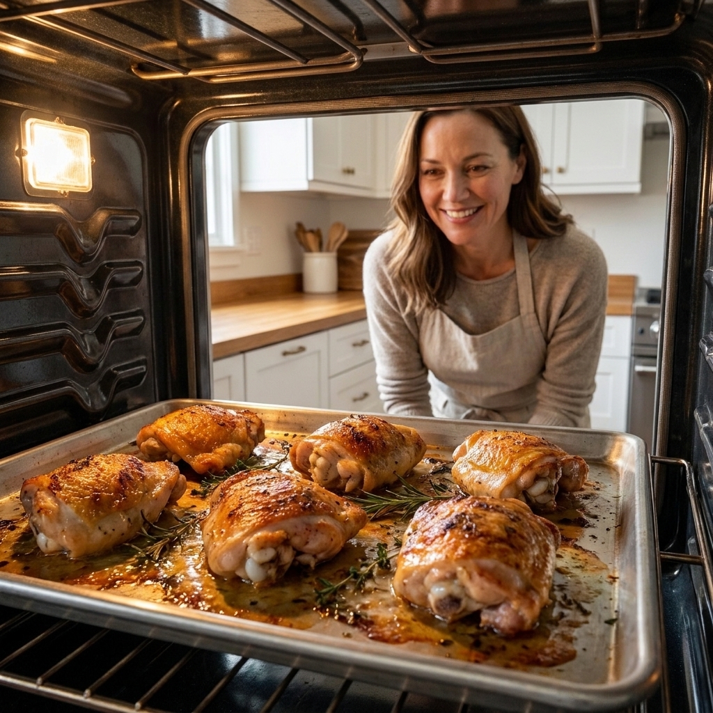 Chicken thighs roasting on a sheet pan in a home oven with golden browned skin and a bit of rendered juices