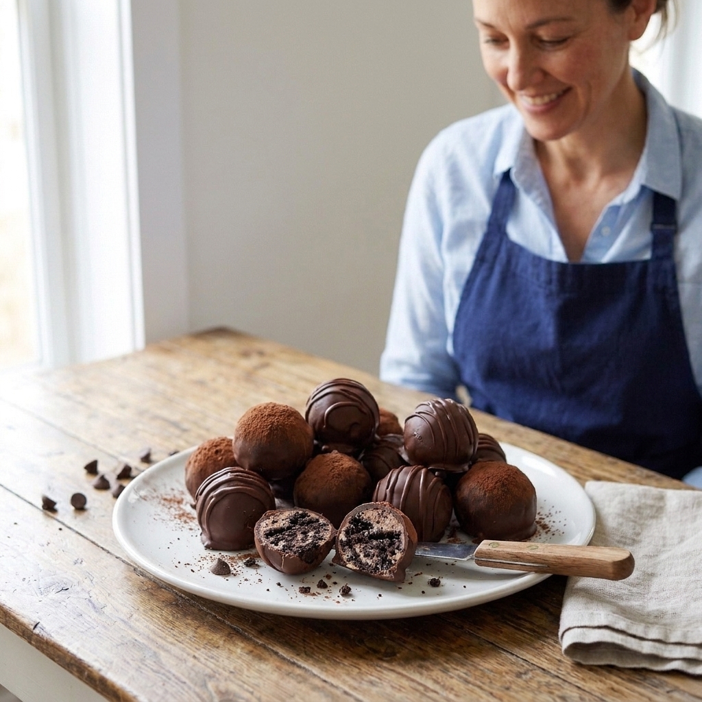 Chocolate-coated cookie truffles on a plate with one truffle cut open to show the filling