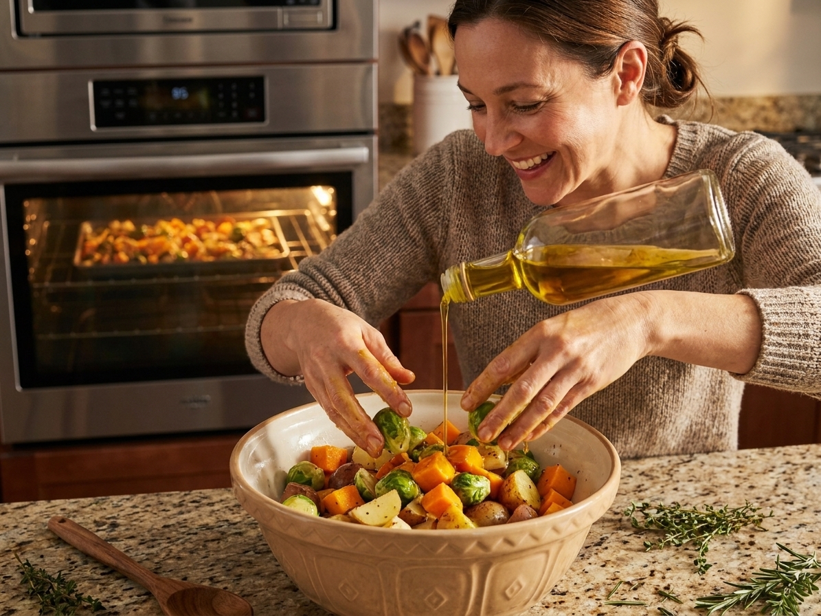 Chopped vegetables being tossed with olive oil in a large mixing bowl on a kitchen counter
