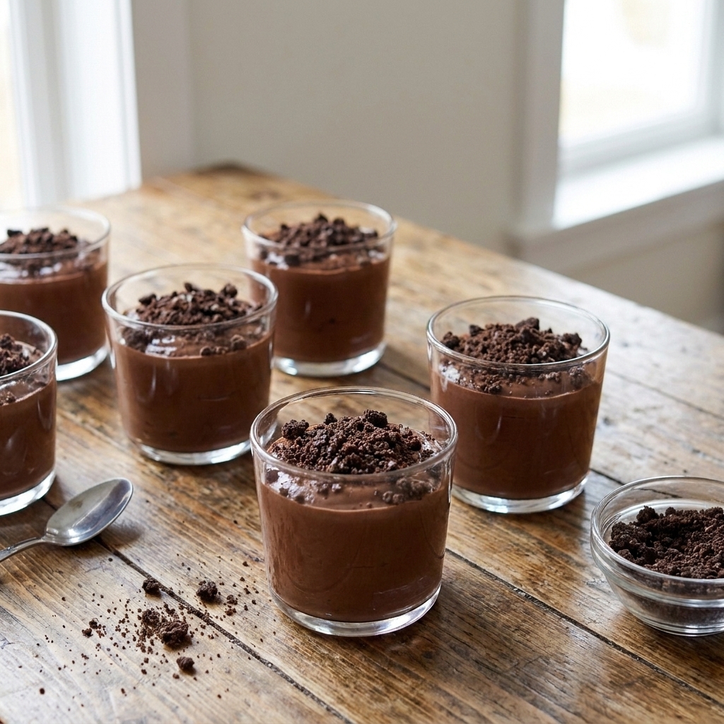 Clear cups filled with chocolate pudding and crushed cookie crumbs on top on a wooden table