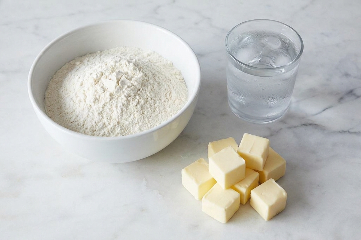 Close-up of a bowl of flour next to cold butter cut into cubes and a small cup of ice water on a kitchen counter