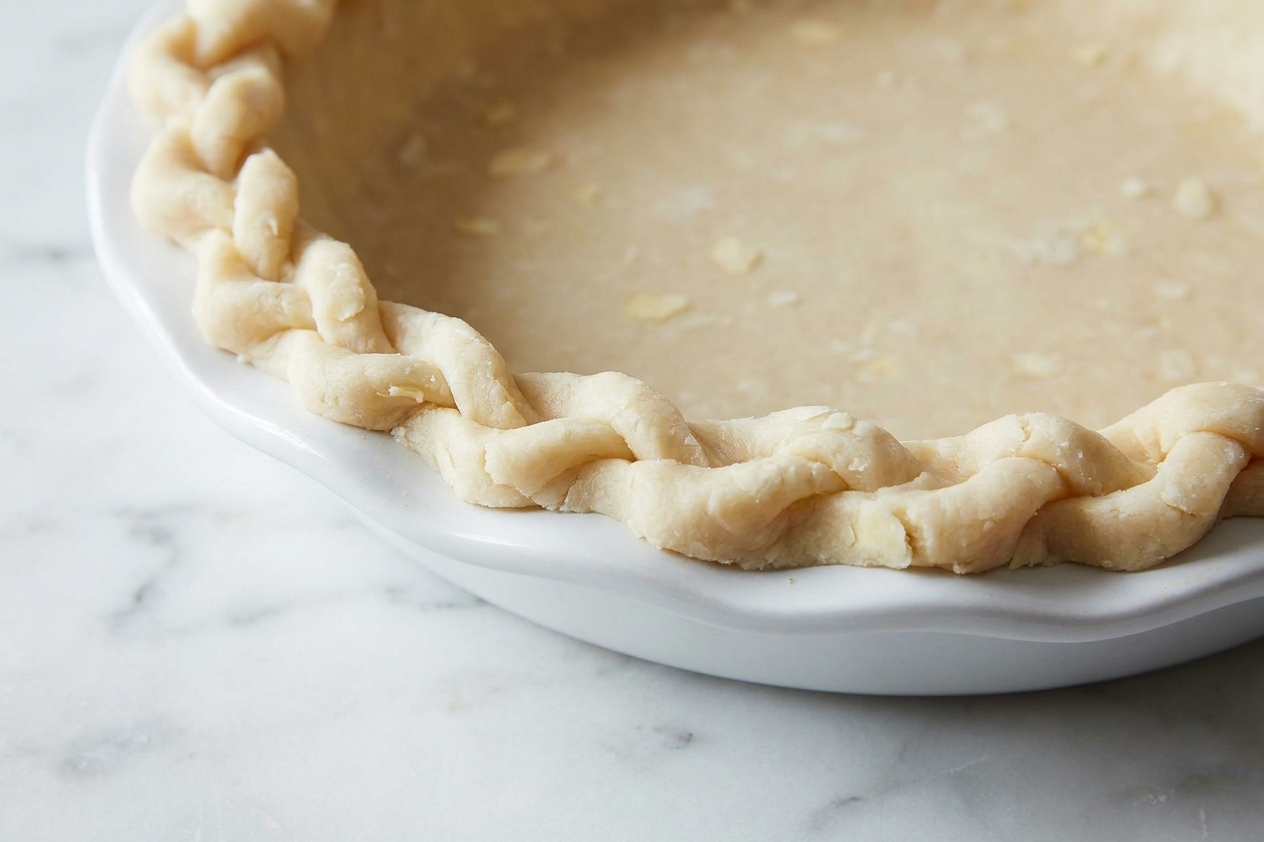 Close-up of a crimped pie crust edge in a ceramic pie dish