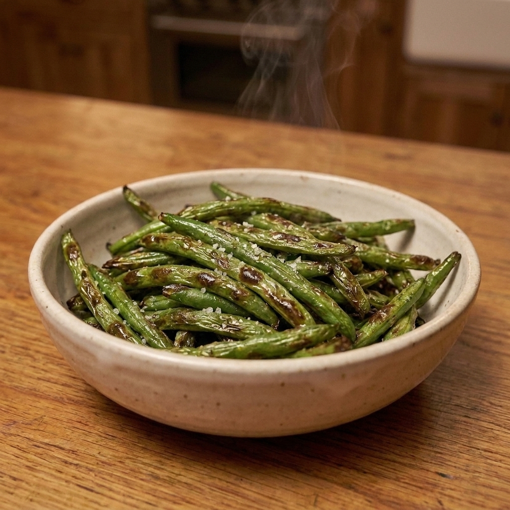 Close-up of blistered air fryer green beans with light browning and coarse salt in a serving bowl