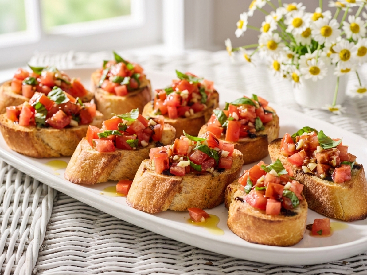 Close-up of tomato basil bruschetta piled on toasted baguette slices on a white platter