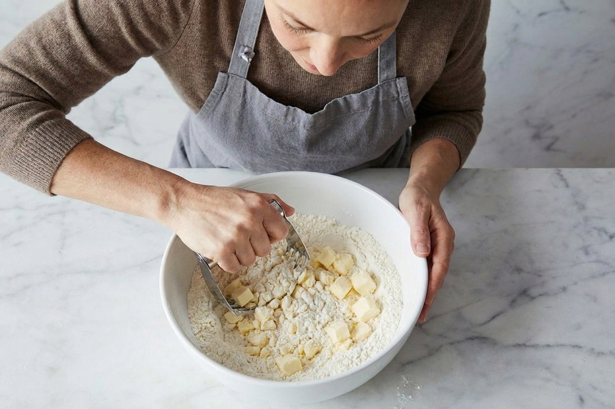 Cold butter cubes being cut into flour with a pastry cutter in a large mixing bowl