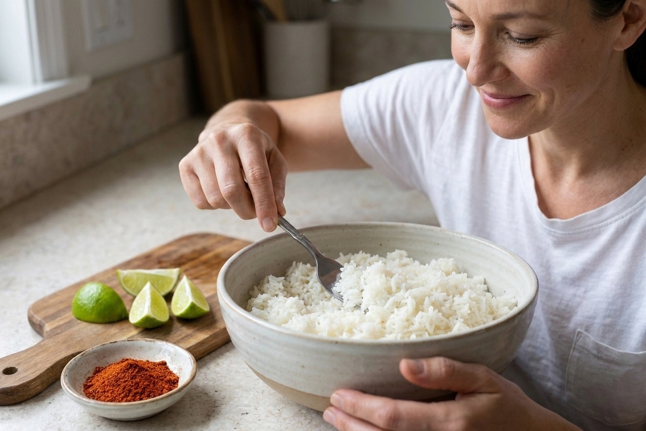 Cooked white rice being fluffed with a fork, with lime wedges and a small bowl of chili powder on the counter