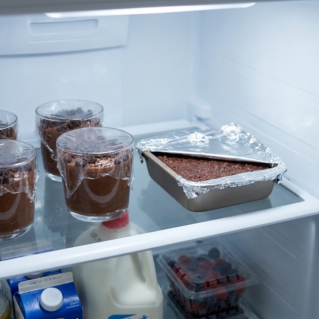 Covered dessert cups and a small pan of no-bake bars sitting on a refrigerator shelf