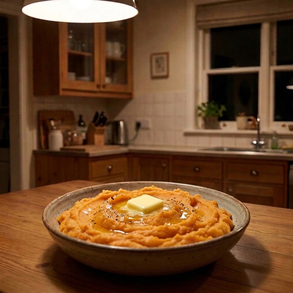 Creamy mashed sweet potatoes in a bowl with a small pat of butter melting on top