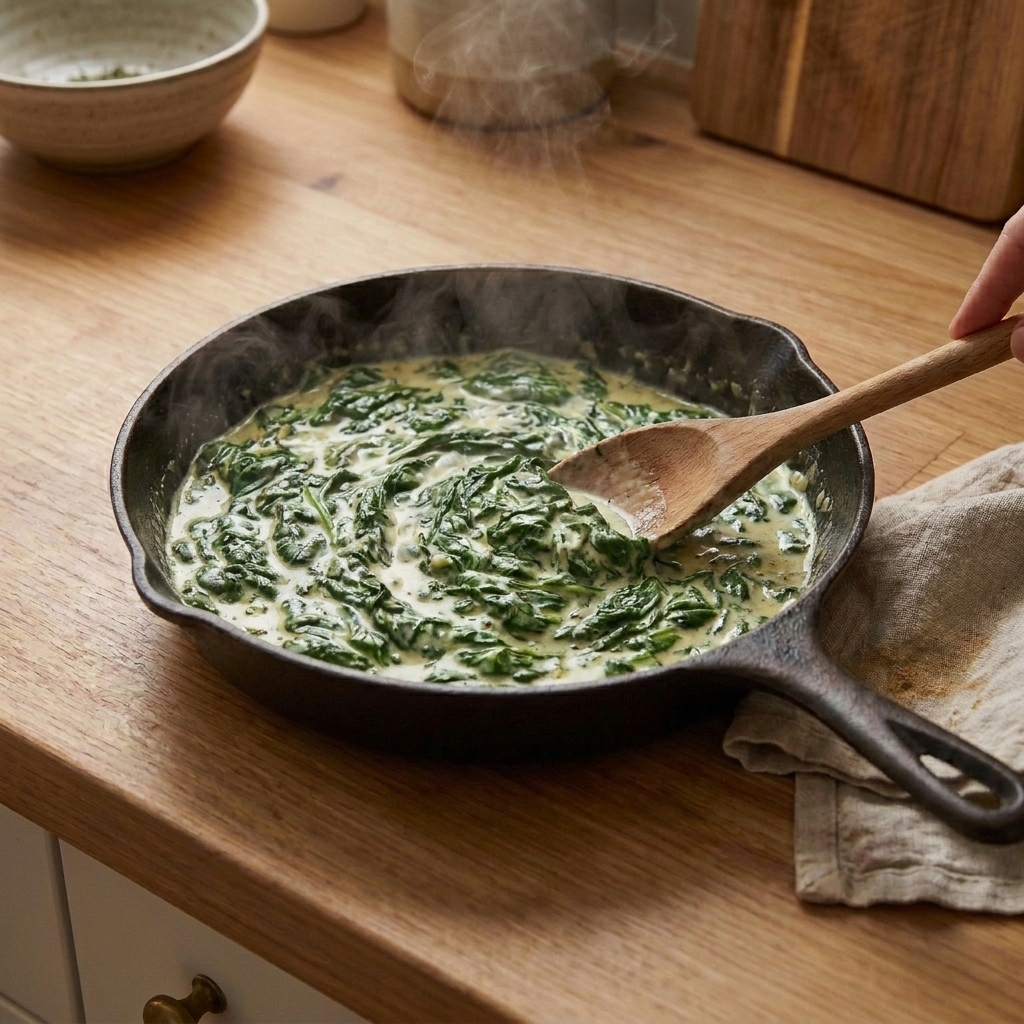 Creamy spinach in a skillet being stirred with a wooden spoon, with steam rising