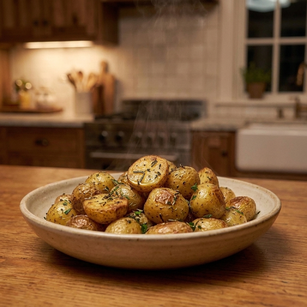 Crispy air fryer baby potatoes in a shallow dish with flecks of herbs and a golden browned exterior