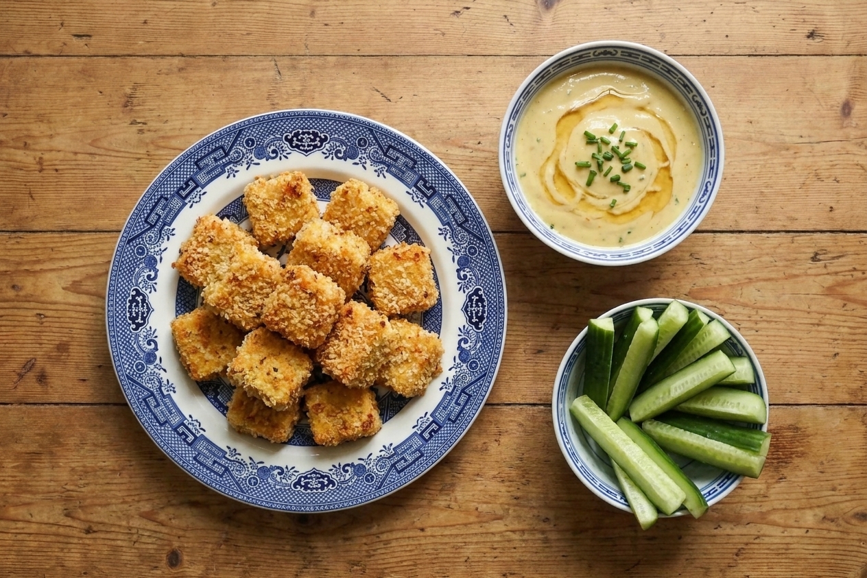 Crispy baked tofu nuggets served with a small bowl of honey mustard dip and cucumber sticks on the side