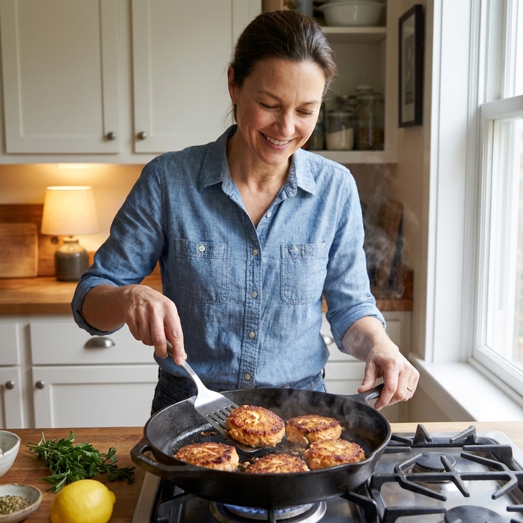 Crispy salmon patties cooking in a skillet with a spatula nearby
