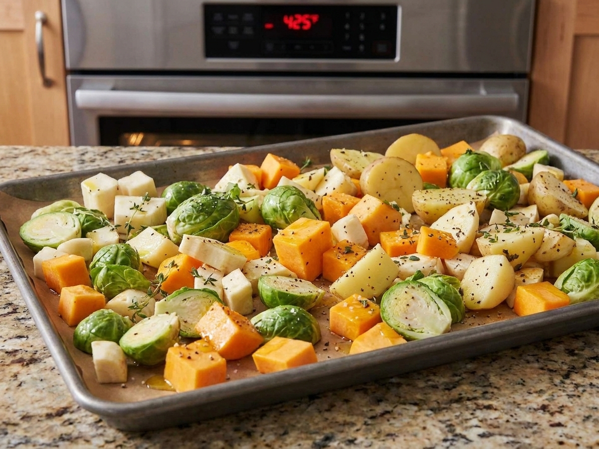 Cut vegetables spaced out in a single layer on a parchment-lined sheet pan so steam can escape