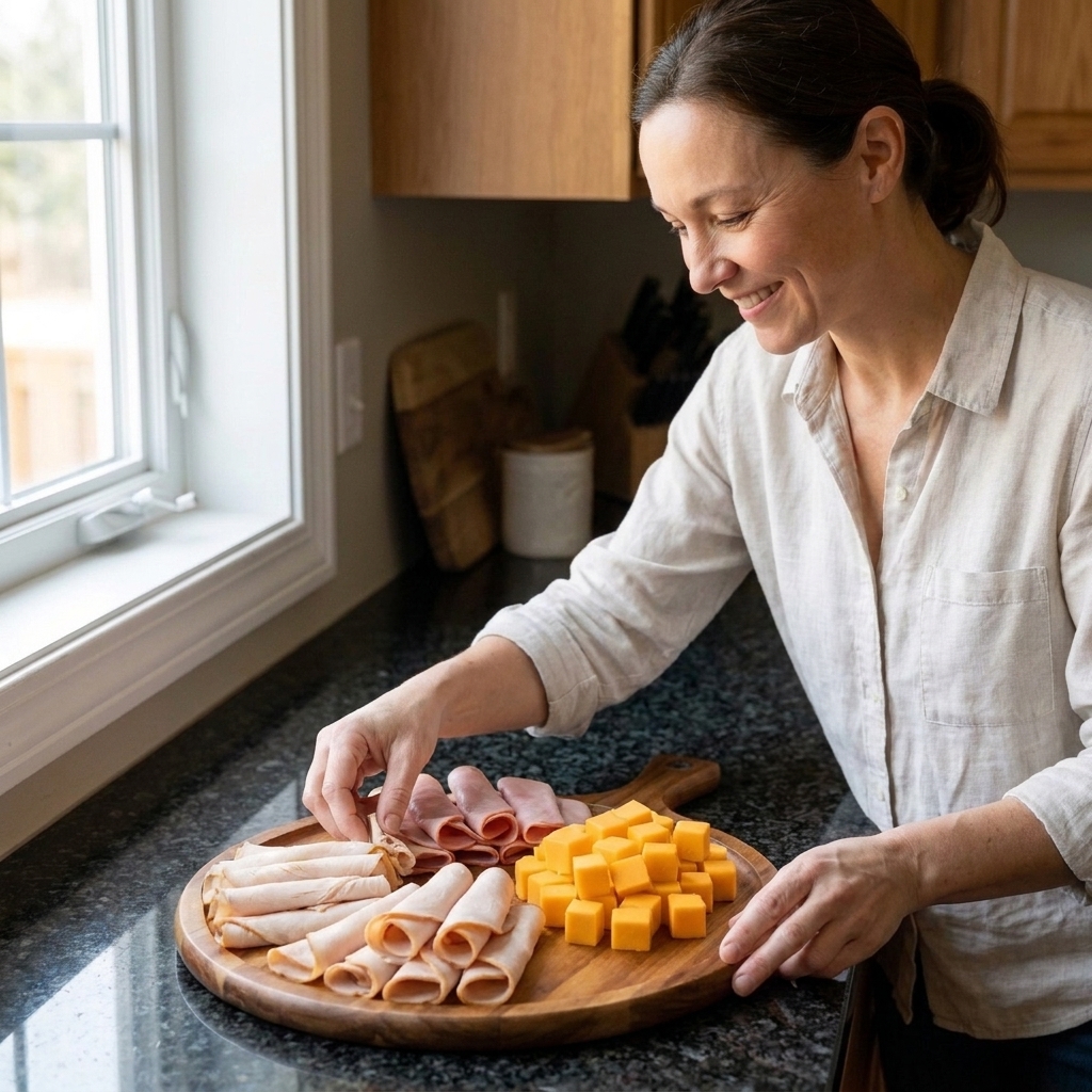 Deli turkey and ham folded into small ribbons next to cubes of cheddar on a serving board