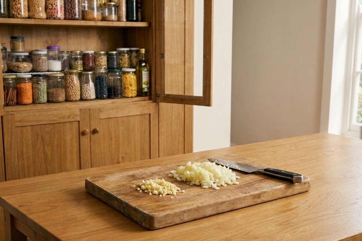 Diced onion and minced garlic on a cutting board with pantry ingredients nearby