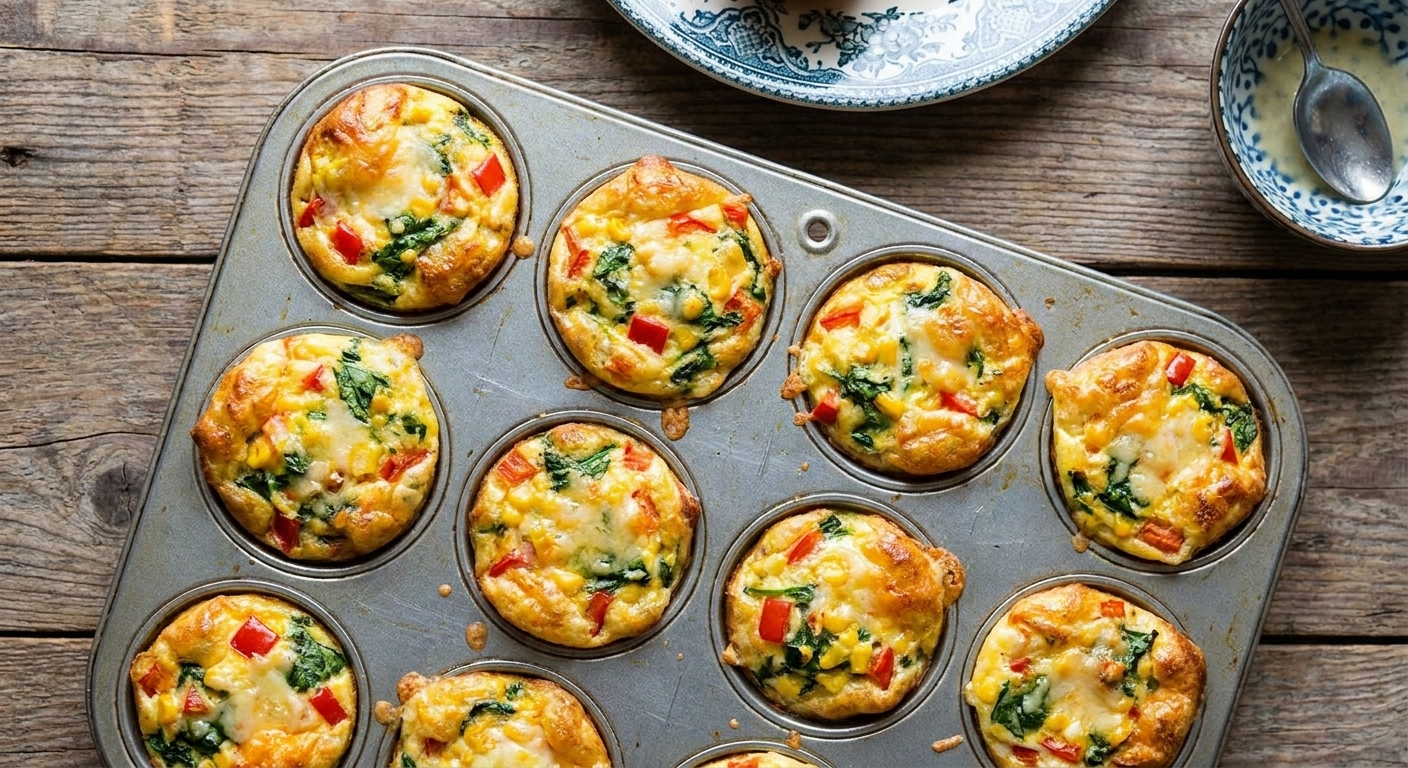 Egg and vegetable muffin cups puffed and golden around the edges in a muffin tin