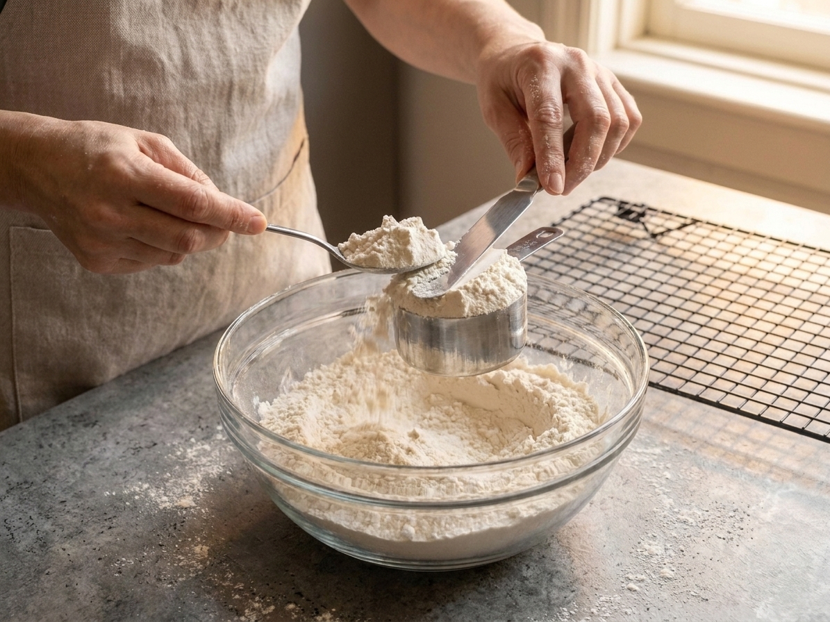 Flour being spooned into a measuring cup and leveled with a straight edge on a kitchen counter