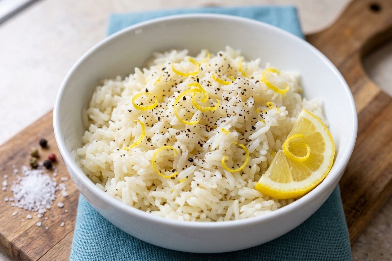 Fluffy white rice in a bowl with lemon zest and cracked black pepper, with a lemon wedge on the side
