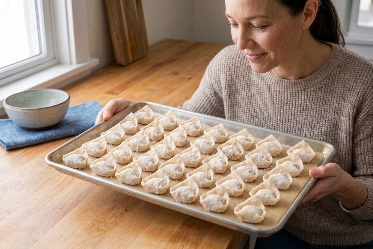 Folded wontons filled with crab rangoon mixture frozen on a baking sheet